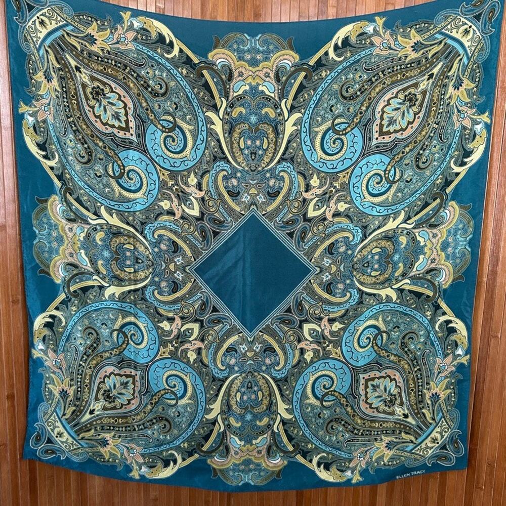 Vintage 1980s/1990s Ellen Tracy Teal Paisley Silk Scarf
